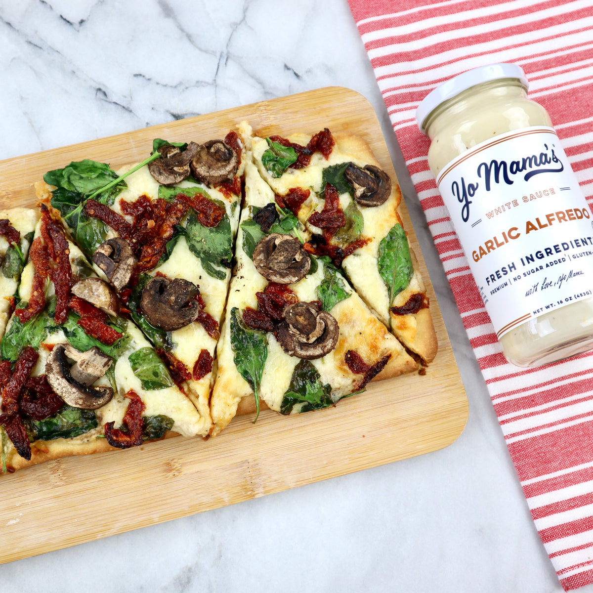 Garlic Alfredo Flatbread – Yo Mama's Foods